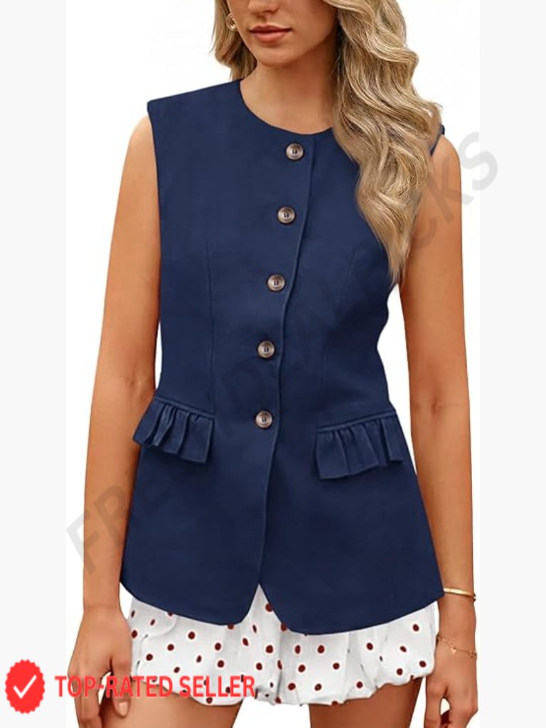 Sleeveless Blazer Vest Slim Fit Ruffle Pockets Business Casual Summer Outfit